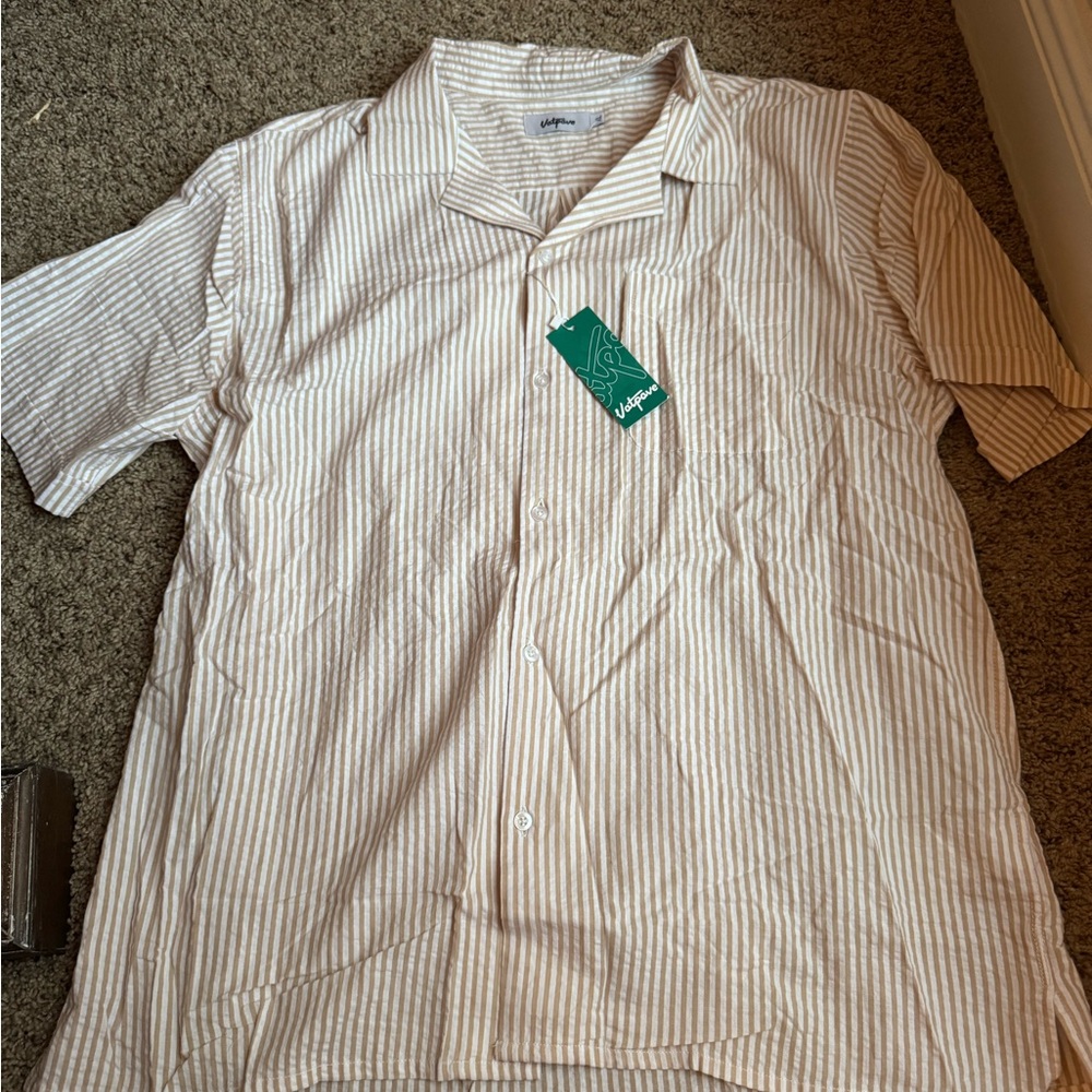 White and Tan Casual Button Down Shirt